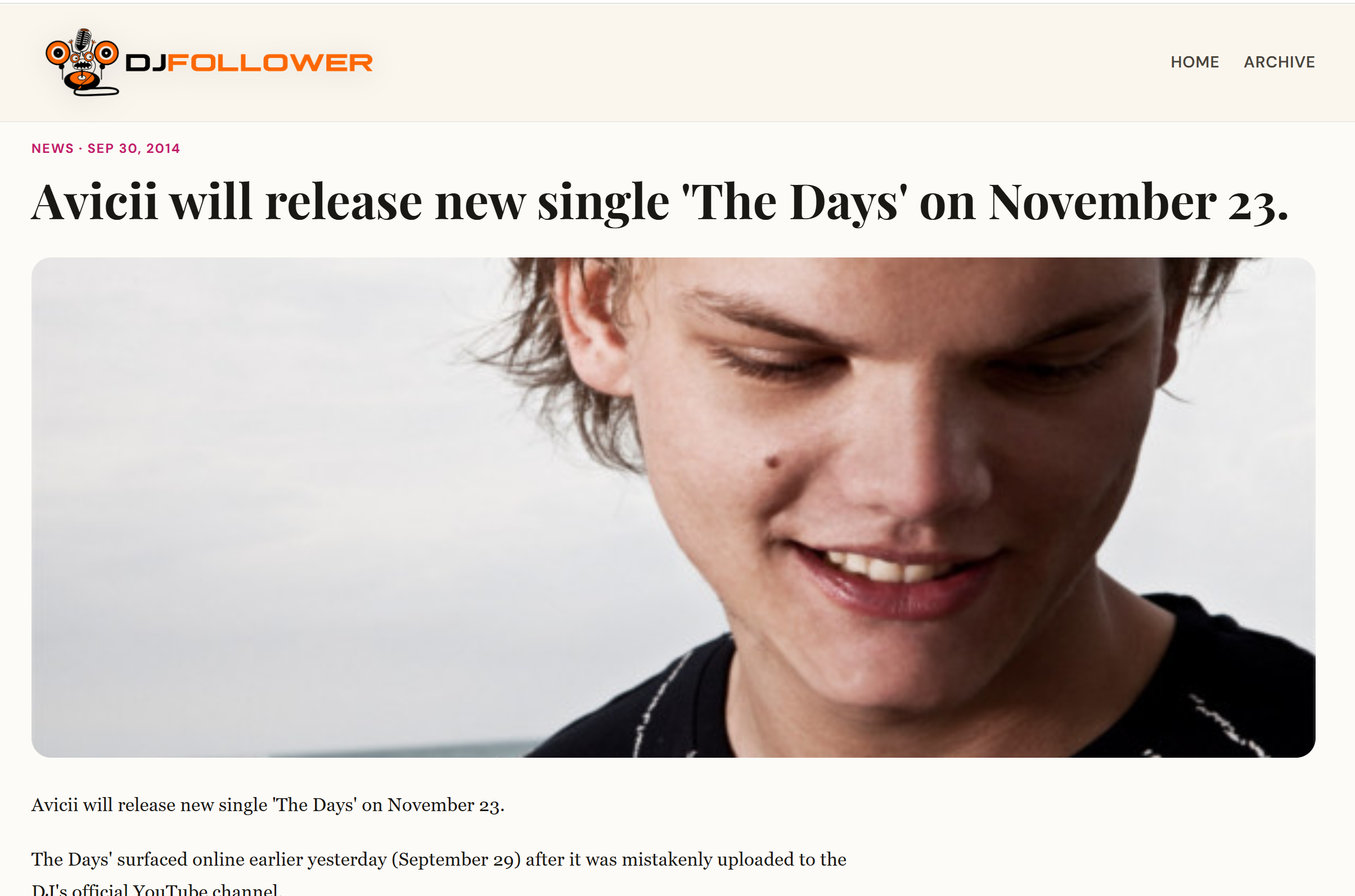 Original DJ Follower article announcing Avicii's The Days, September 2014